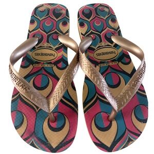 Havaianas Womens Flip Flops Size 6 Gold Strap Multicolor Geometric Sandals
